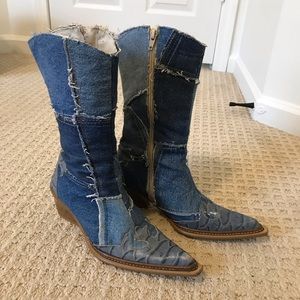 Vintage Italian-Made, Heeled Denim Cowgirl Boots